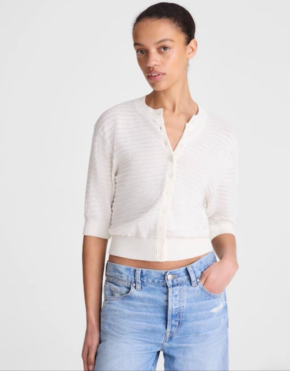 Madewell Textured Short-Sleeve Cardigan in 100% Cotton Lighthouse NWT Medium